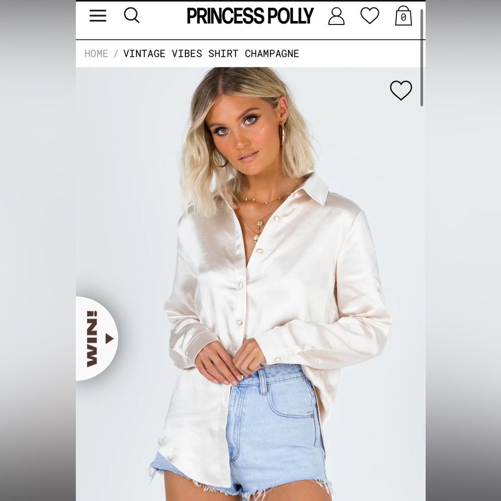 Princess Polly “Vintage Vibes Shirt Champagne” satin button down cream top US4
